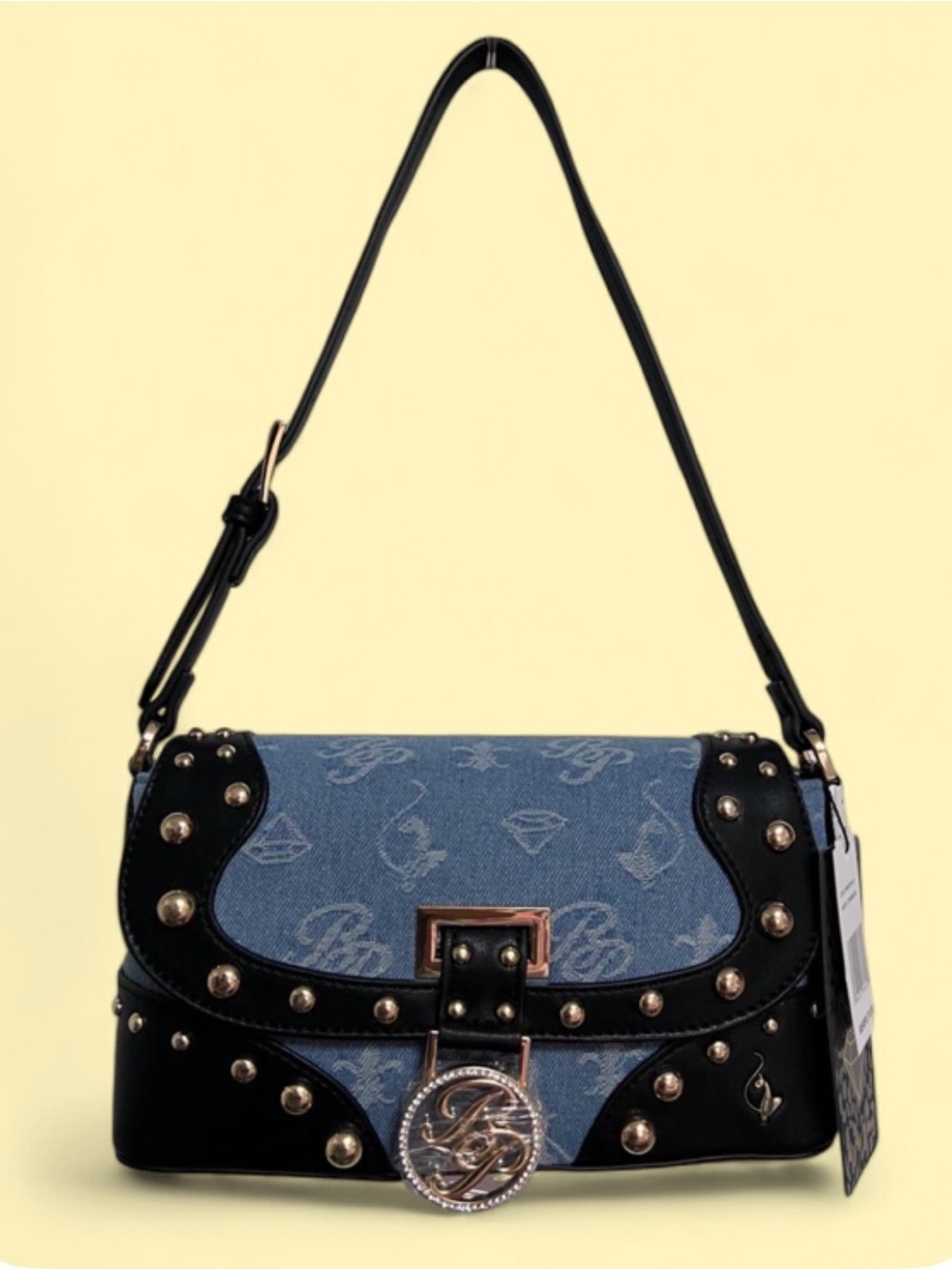 Baby Phat Blue Denim Shoulder Bag with Black & gold Trim and diamond Medallion